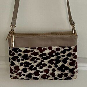 Boden Leather Pony Clutch / Crossbody Purse Bag in Leopard Animal Print - Taupe